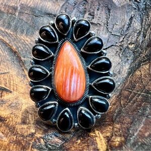 925 Sterling Silver Spiny Oyster & Black Onyx Cluster Statement Ring Size 7